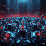 DigitalSWAT - L'AI locale sarebbe possibile senza rubare capacità computazionale alla gente, l'immagine visualizza persone inconsapevoli che mettono a disposizione la propria capacità computazionale dei propri device e visualizza cavi simili a tentacoli che succhiano questa capacità di calcolo e convergono verso una unica entità centrale malevola